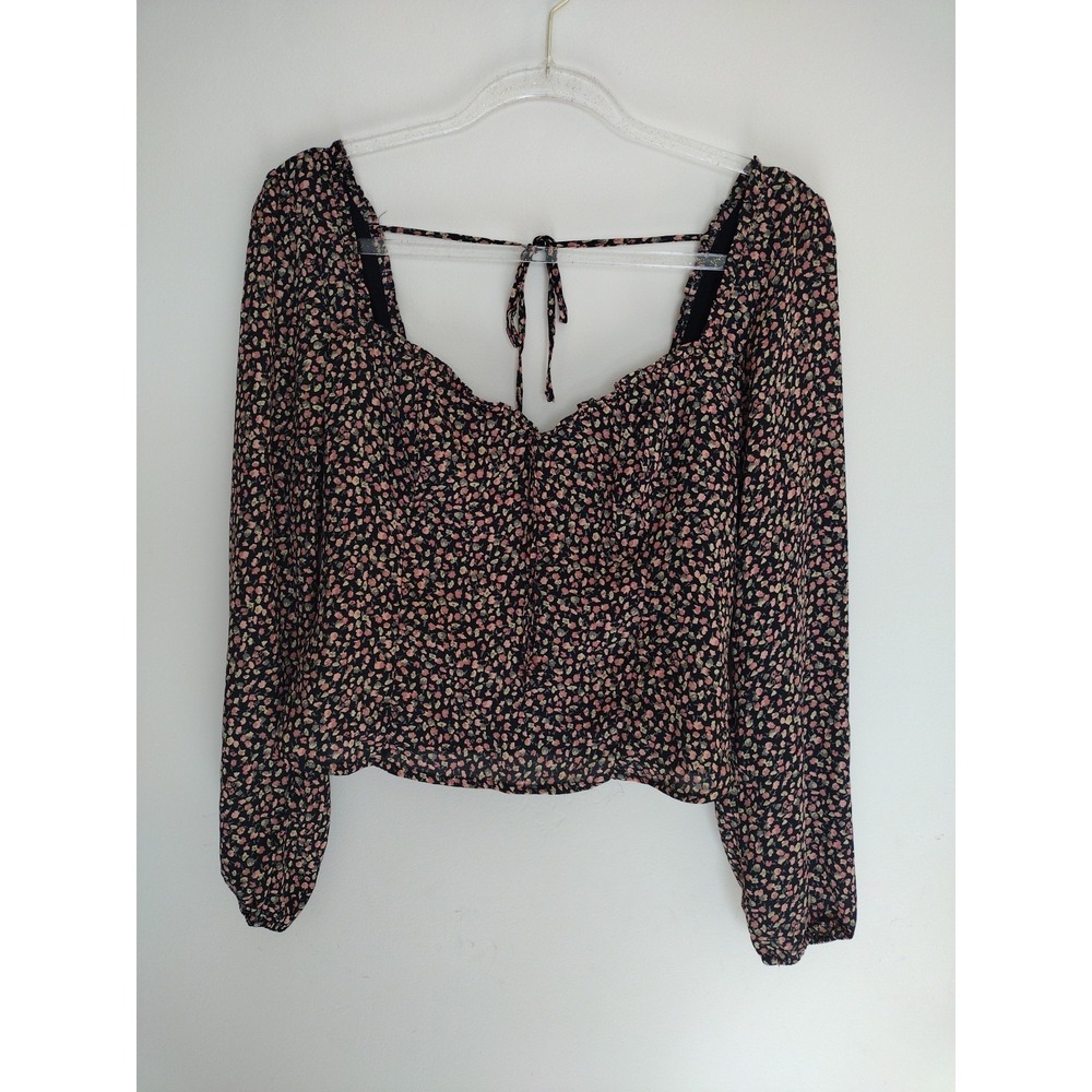 Abercrombie & Fitch Crop Top Women M Floral Boho Smocked Babydoll Long Sleeves - Picture 2 of 9